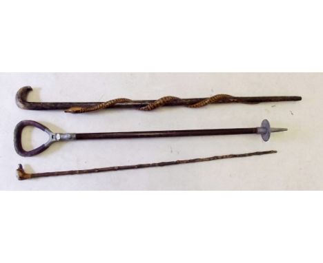 A shooting stick, walking stick with snake to stem and a walking stick with carved dogs head handle 