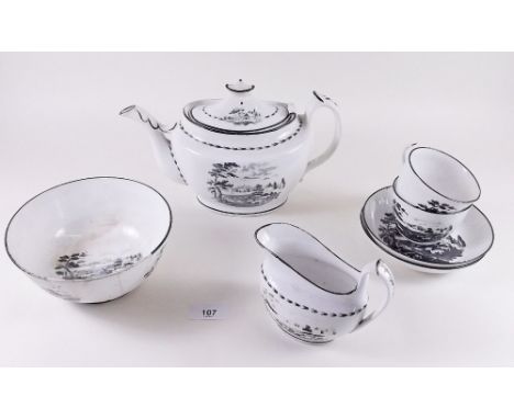 An early 19th century Newhall black bat printed tea service comprising: teapot, milk, sugar and fourteen cups and saucers dec