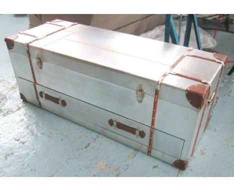 TRUNK, aviation style, with lift up lid and drawer below, aluminium finish, with protective caps, 120cm x 40cm x 44cm H.