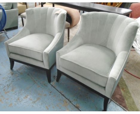 ARMCHAIRS, a pair, upholstered in light green velvet on square ebonised supports, 76cm W. (2)