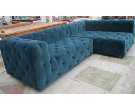 CORNER SOFA, bespoke in a buttoned Prussian blue Cassia fabric by Designer's Guild, 300cm W x 185cm d x 55cm H.