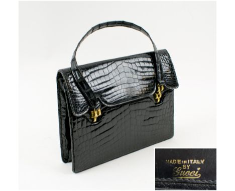 GUCCI VINTAGE LEATHER HANDBAG, gold tone fitments, approx. 24.5cm W x 19cm H. (wear commensurate with use, faulty catch)