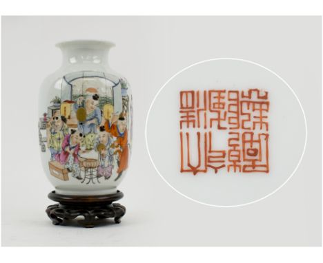 CHINESE VASE, Republic style ceramic, of baluster form decorated musicians, 18.5cm H, plus stand.