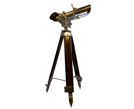 GERMAN WWII BATTLESHIP OBSERVATION BINOCULARS, polished metal and fully articulating on teak tripod base.