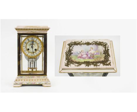 FOUR GLASS MANTEL CLOCK, circa 1900, with painted ceramic pediment and base, French wire gong striking movement, dial inscrib