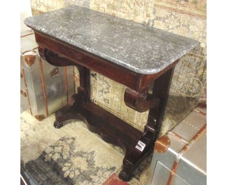 CONSOLE TABLE, Louis Phillippe mahogany with St Anne's grey marble top and shaped frieze drawer, 92cm H x 94cm W x 45cm D.