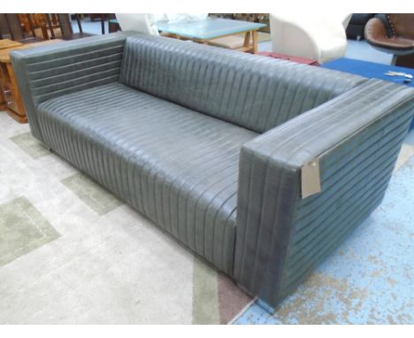 BEN WHISTLER SOFA, large box form in grey ribbed stitched leather on square chrome feet, 235cm Lx 73cm H x 105cm W.