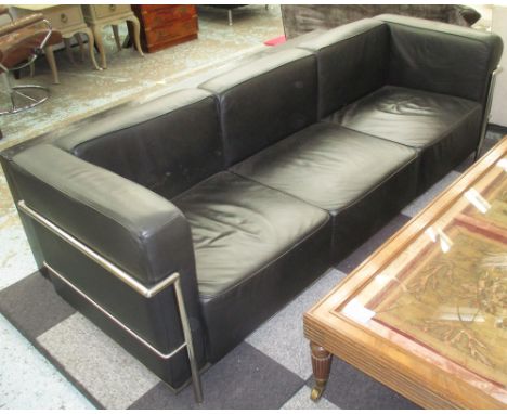 SOFA, Le Corbusier manner, LC3 grand three seater, in black leather and chromed metal frame, 210cm L x 70cm W x 70cm H.