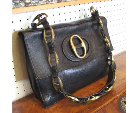 YVES ST LAURENT VINTAGE HANDBAG, black leather with gold tone fitments, approx. 27cm W x 19cm H. (used condition)