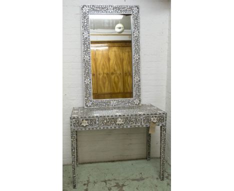 CONSOLE TABLE AND MIRROR, Moorish style Mother of Pearl inlaid with frieze drawer, 70cm H x 100cm W x 46cm D, together with a