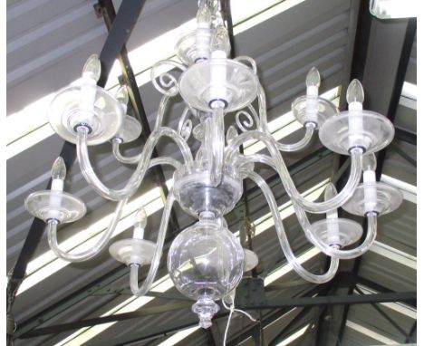 CHANDELIER, twelve branch in an opalescent glass with scrolling detail, 108cm H plus chain.