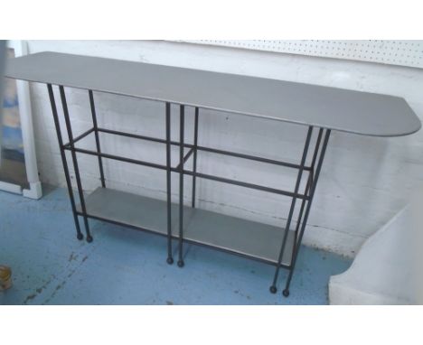CONSOLE TABLE, with zinc metal top and undertier on metal support frame, 148cm x 40cm x 81cm H.