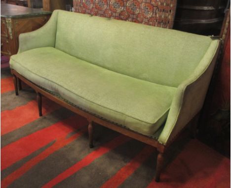 SOFA, early 19th century beechwood with green upholstery on wooden frame with turned supports, 72cm D x 89cm H x 183cm W. (ma