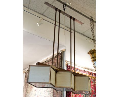 PENDANT CHANDELIER, French Art Deco style patinated metal, three lighting points set in marbled perspex and silk lined panel 
