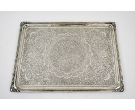 PERSIAN SILVER TRAY, all-over engraved traditional designs, 44cm x 32cm, weight 43.5 ozt.