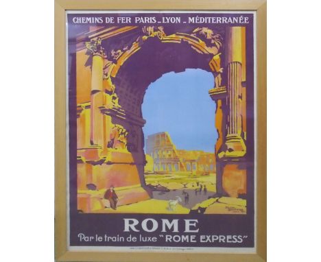 ROME-CHEMINES DE FER PARIS-LION-MÉDITERRANÉE, vintage poster by Imprimerie Corneille-Serre, 105cm x 75cm, framed and glazed. 