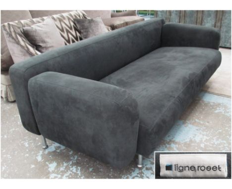 LIGNE ROSET SOFA, black suede, on stilt legs, 227cm L x 100cm W x 70cm H (with faults).