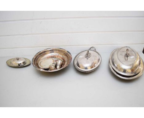 MIXED LOT OF SILVER PLATED WARES TO INCLUDE ENTREE DISH, CRUET ITEM ETC