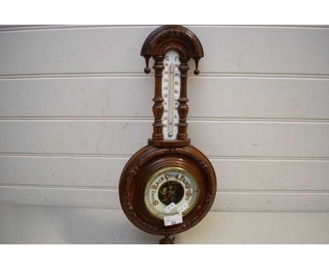 LATE VICTORIAN AMERICAN WALNUT FRAMED ANEROID BAROMETER AND THERMOMETER COMBINATION