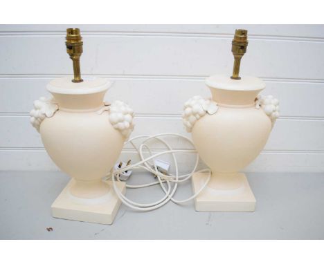 PAIR OF MODERN CERAMIC VASE FORMED TABLE LAMPS WITH GRAPE DECORATION