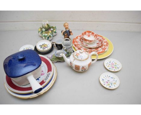SMALL GOEBEL FIGURE OF A CHILD, FLORAL ENCRUSTED VASES, MINTON PIN TRAYS, FLORAL DECORATED PLATES AND OTHER ITEMS