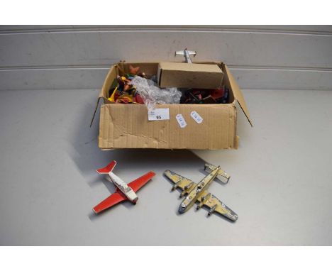 BOX OF VARIOUS DIE-CAST TOYS TO INCLUDE CORGI BASIL BRUSH CAR, DINKY TOYS PLANE, AND MANY OTHERS