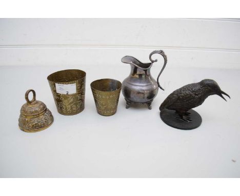 MIXED LOT COMPRISING A SMALL BRONZED MODEL OF A BIRD, SILVER PLATED JUG, SMALL BRASS BEAKERS AND A CAMEL BELL