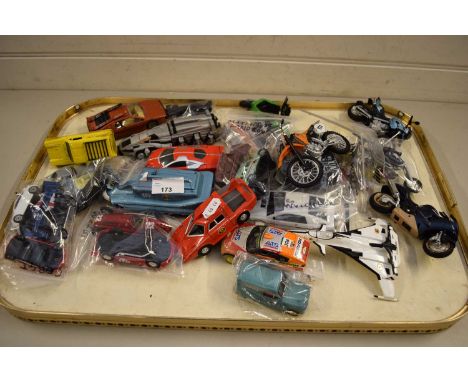 TRAY VARIOUS CORGI AND OTHER TOY VEHICLES, MOTORBIKES ETC