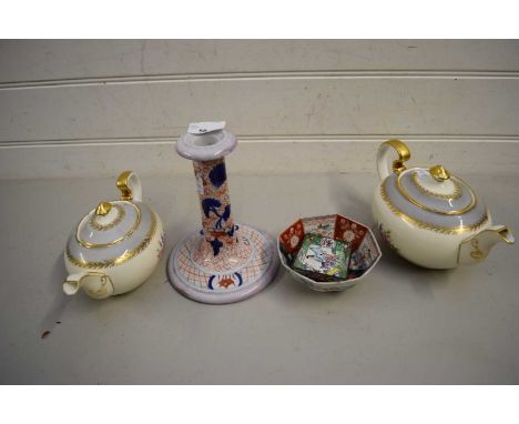 TWO AYNSLEY GILT AND FLORAL DECORATED TEA POTS, A FURTHER SMALL IMARI TYPE OCTAGONAL BOWL, SMALL CHINESE ENAMELLED PIN DISH A