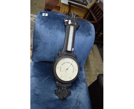 LATE VICTORIAN HARDWOOD CASED ANEROID BAROMETER AND THERMOMETER COMBINATION, 83CM HIGH (A/F)