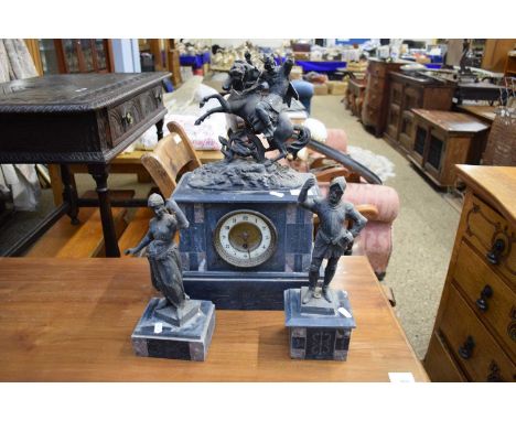 LATE 19TH CENTURY FRENCH BLACK SLATE AND MARBLE MOUNTED CLOCK GARNITURE WITH SPELTER FIGURAL MOUNTS (A/F)