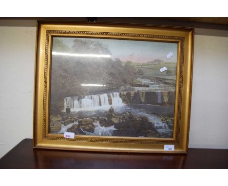 VINTAGE COLOURED PHOTOGRAPHIC PRINT OF FIGURES BY A WATERFALL, GILT FRAMED, 57CM WIDE