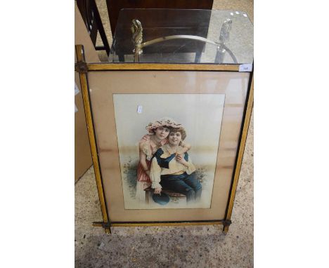 COLOURED PRINT OF TWO FIGURES IN VICTORIAN DRESS SET IN AN OXFORD TYPE FRAME, 77CM HIGH