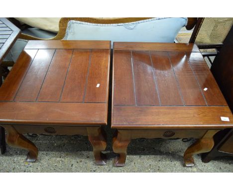 PAIR OF MODERN HARDWOOD COFFEE OR LAMP TABLES WITH CABRIOLE LEGS AND WROUGHT IRON DETAIL, 70CM WIDE