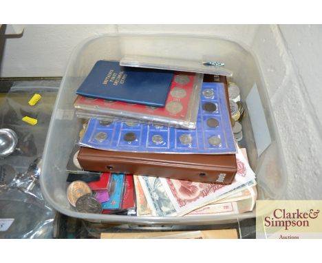 A box containing various coinage, first decimal coin set, bank notes etc.