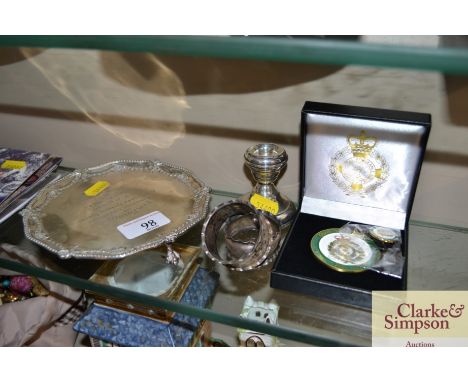 A silver presentation card tray; and a dwarf silver candlestick etc.