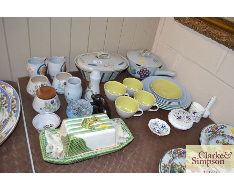 A quantity of Poole two tone teaware, a sardine dish and cover, Coalport dressing table items, studio pottery items etc.