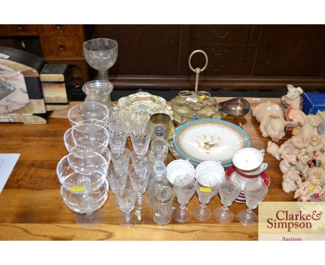 A plated cruet stand; a plated ladle; various table glassware; decorative china etc.