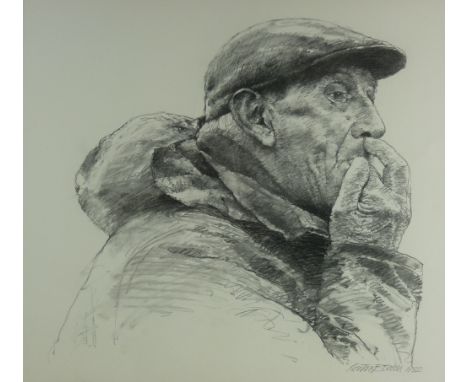 KEITH BOWEN pastel - head and shoulders, hatted farmer whistling his sheep, signed and dated 1992, 45.5 x 51 cms