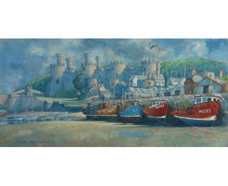 R SCARFF watercolour - trawlers on the Quay with tide out at Conwy with Castle in the background, signed, 23 x 48cms