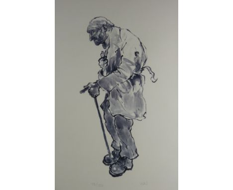 SIR KYFFIN WILLIAMS RA colour wash limited edition (78/750) print - old farmer with stick, signed with initials, 59 x 38cms