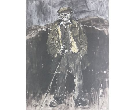 SIR KYFFIN WILLIAMS RA coloured limited edition (22/150) print - farmer Hugh Rowlands with stick and flat cap, signed in full