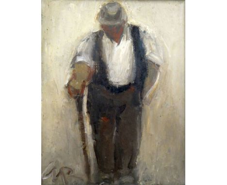 WILL ROBERTS oil - single farmer with waistcoat, stick and hat, entitled verso 'Farmer, Tyn-y-Waun', signed, 24.5 x 19.5 cms