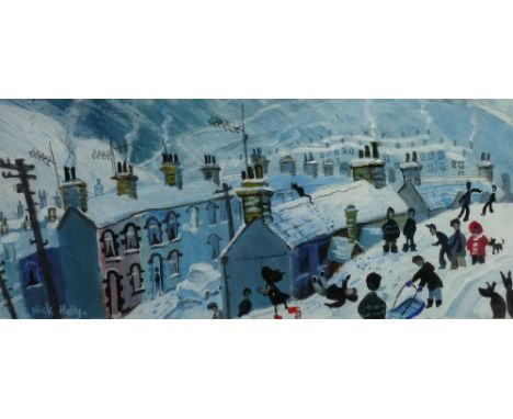 NICK HOLLY acrylic/oil on canvas, under glass - South Wales street scene with children playing in the snow, signed, 16 x 37 c