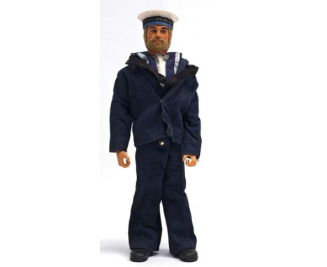 Palitoy Vintage Action Man Sailor, blonde flock hair and beard, blue pants, eagle-eyes, gripping hands, wearing jacket, trous