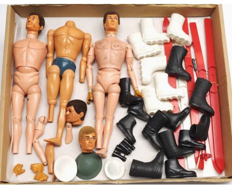 Palitoy Action Man a group of vintage mixed items including flock head, gripping hand figures - all are incomplete, various b
