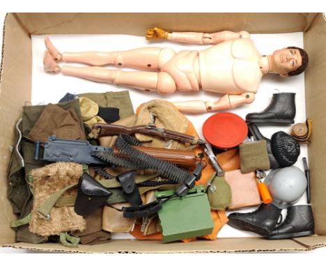 Palitoy Action Man vintage, unboxed group to include undressed flock head, gripping hands figure plus various accessories inc