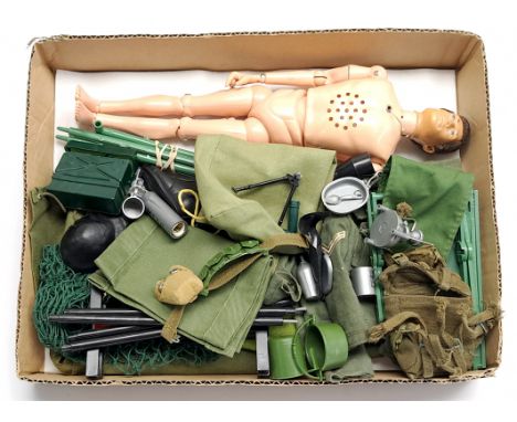 Palitoy Action Man vintage, unboxed group to include undressed figure plus various accessories including part outfits, hats, 