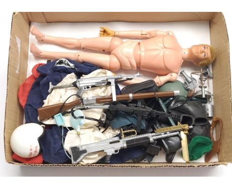 Palitoy Action Man vintage, unboxed group to include undressed flock head figure, plus various accessories including part out