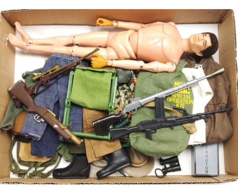 Palitoy Action Man vintage, unboxed group to include undressed flock head, gripping hands figure plus various accessories inc